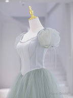 Green Tulle Floor Length Prom Dress, Green Short Sleeve Evening Party Dress