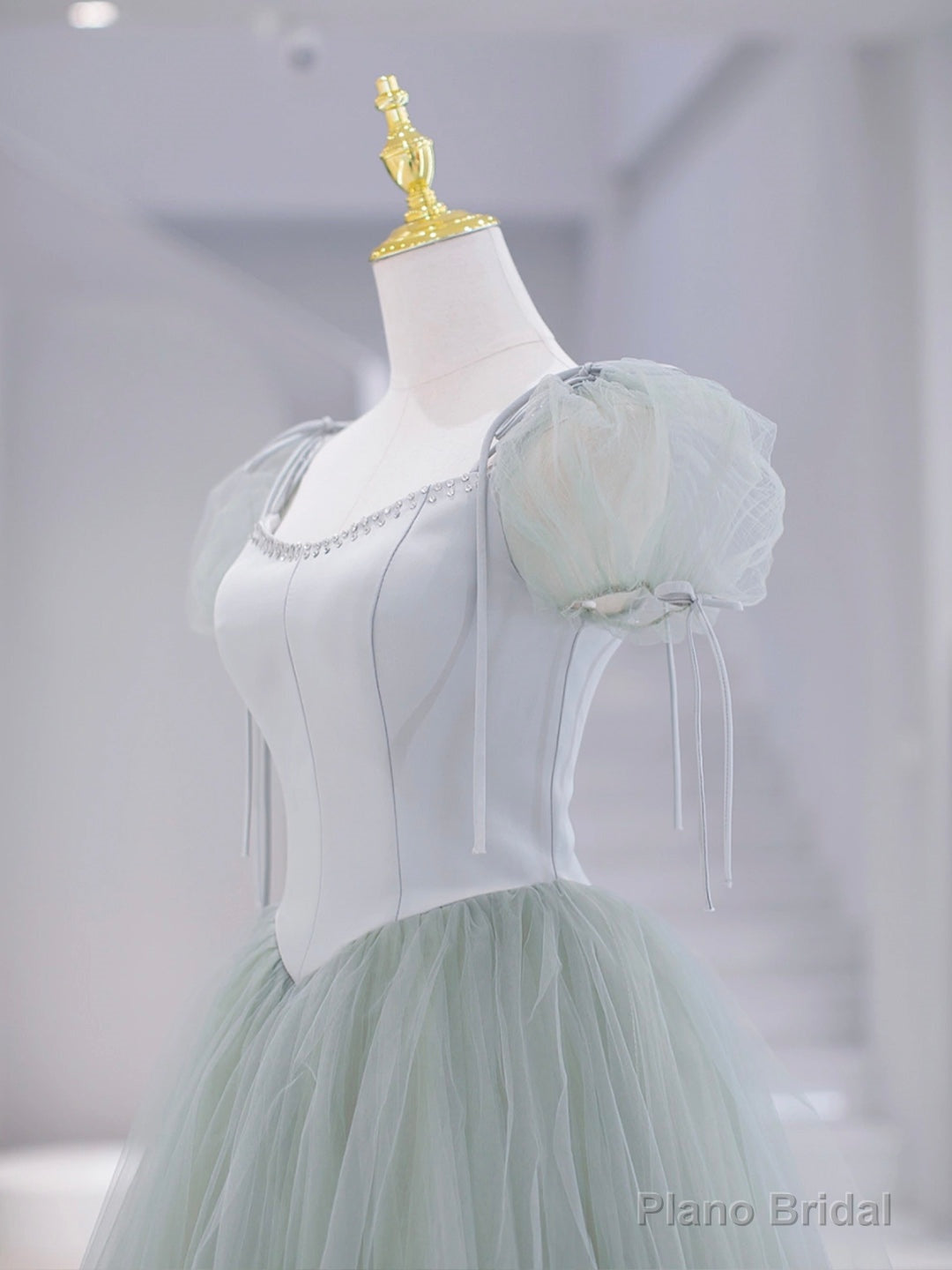 Green Tulle Floor Length Prom Dress, Green Short Sleeve Evening Party Dress