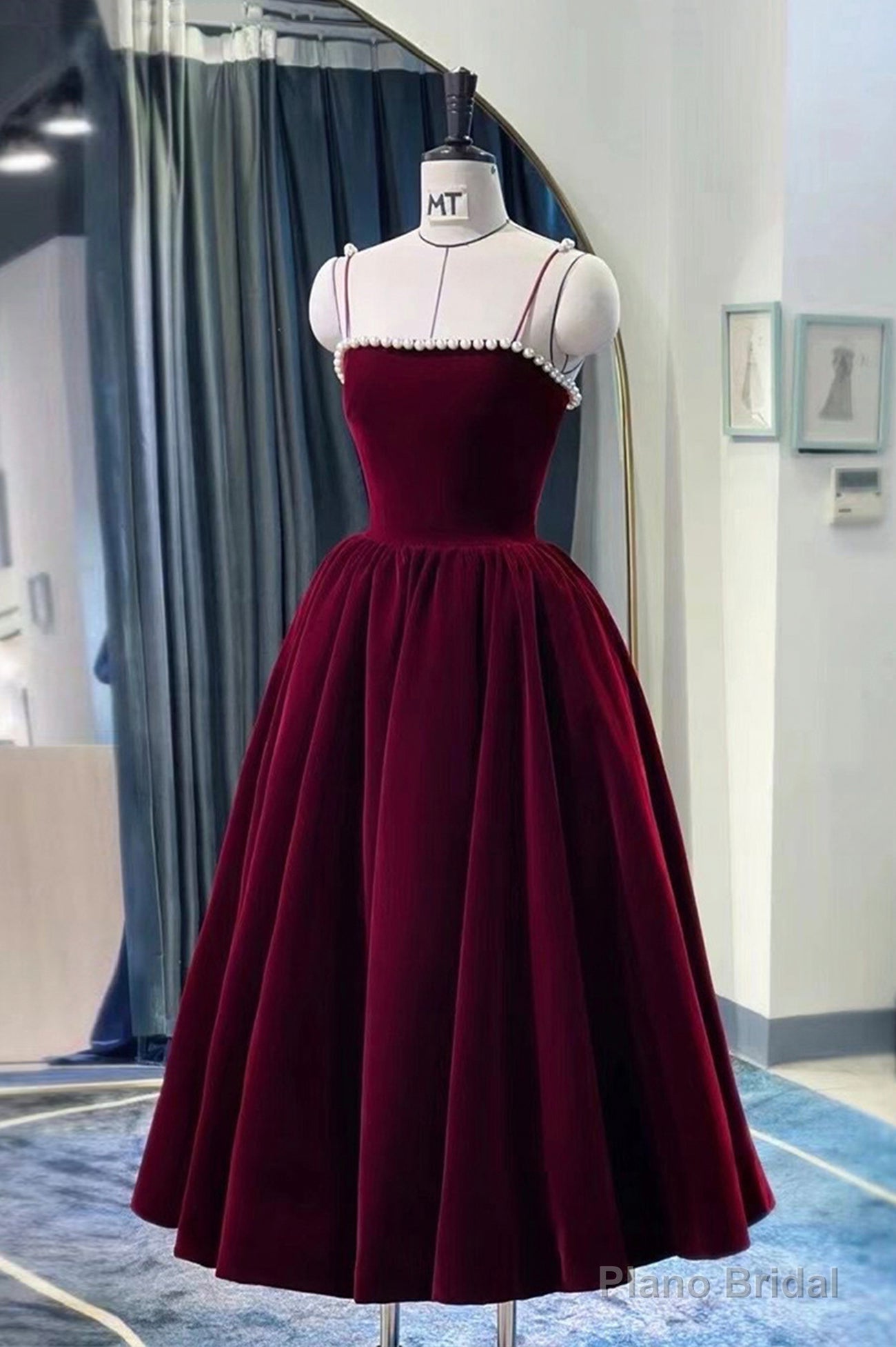 Burgundy Velvet Short Prom Dress, A-Line Party Dress with Pearls Secondary image