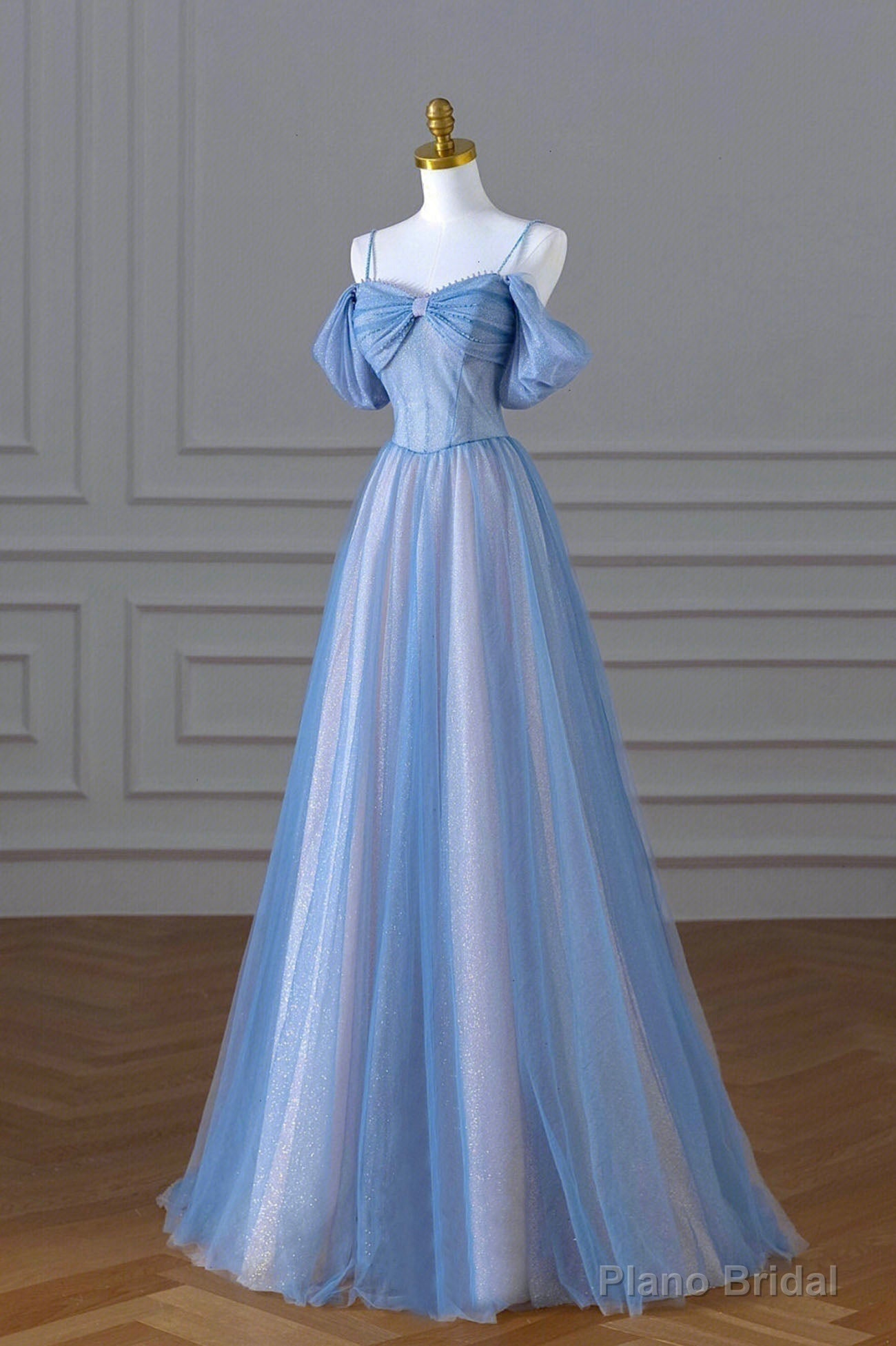 Blue Spaghetti Strap Tulle Floor Length Prom Dress, A-Line Evening Dress Main image