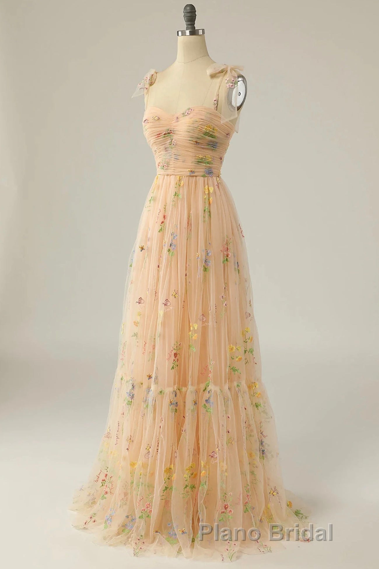 Champagne Lovely Tulle Lace Long Formal Prom Dresses, Champagne Evening Dresses