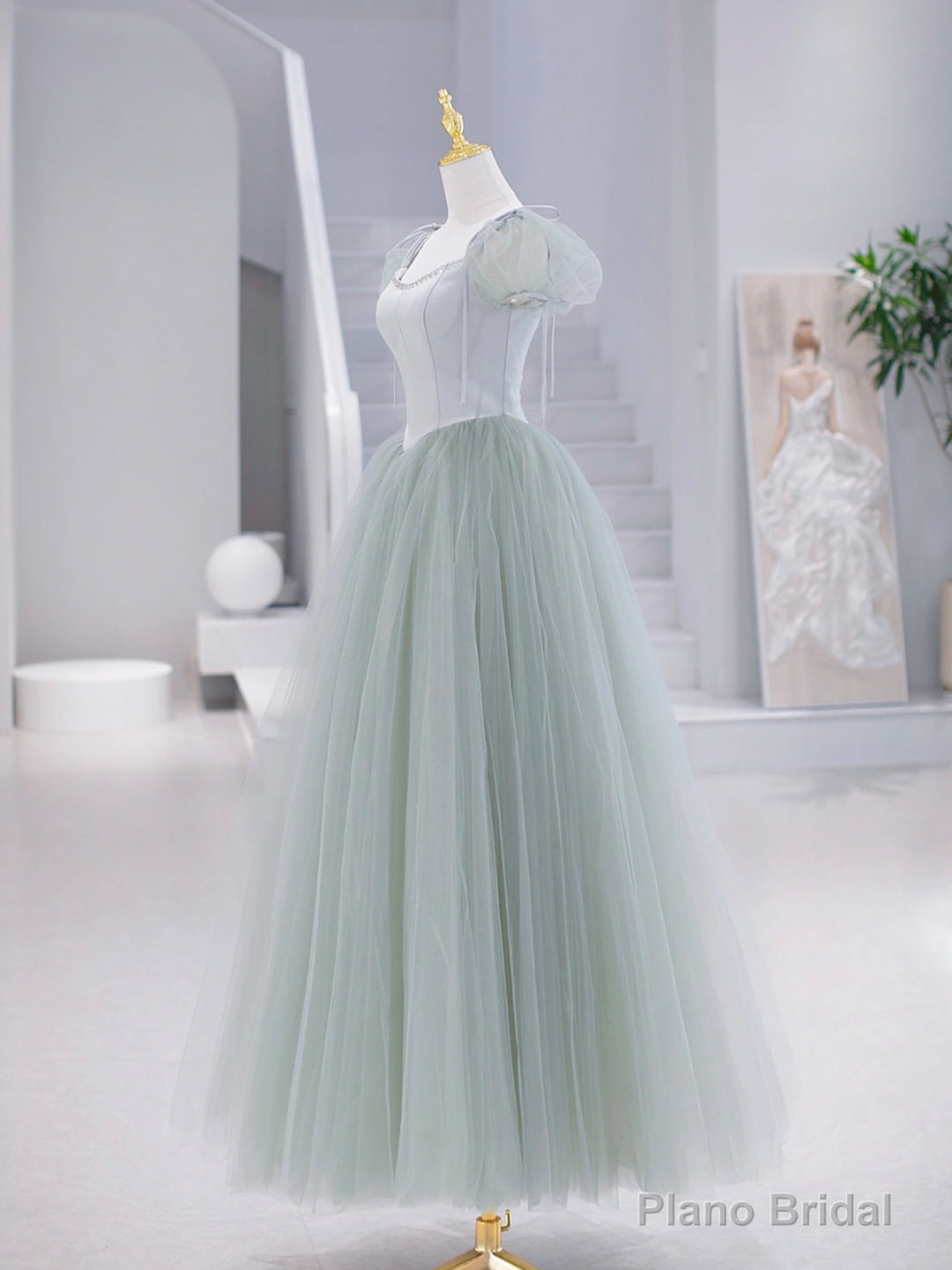 Green Tulle Floor Length Prom Dress, Green Short Sleeve Evening Party Dress Secondary image