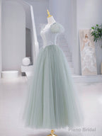 Green Tulle Floor Length Prom Dress, Green Short Sleeve Evening Party Dress