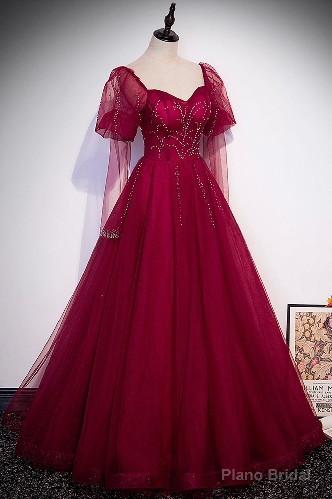 Burgundy Tulle Beading Long Prom Dresses, A-Line Formal Evening Dresses Secondary image