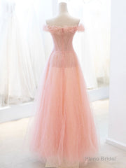 Pink Tulle Sequins Long Prom Dress, A-Line Lovely Evening Party Dress