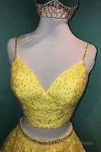 Yellow Lace Two Pieces Prom Dress, A-Line Evening Party Dress
