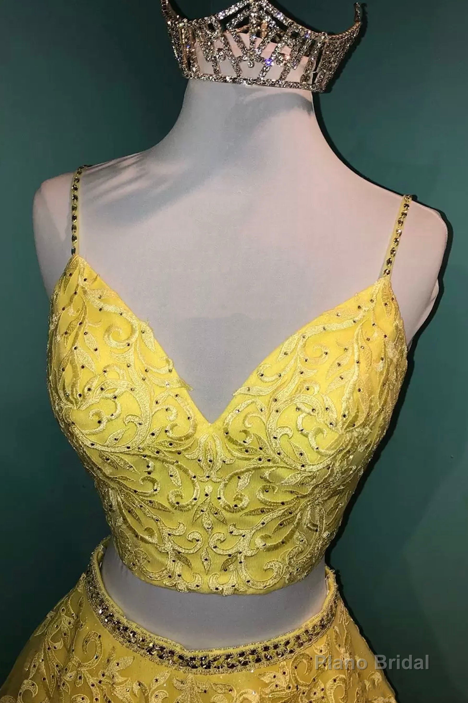 Yellow Lace Two Pieces Prom Dress, A-Line Evening Party Dress