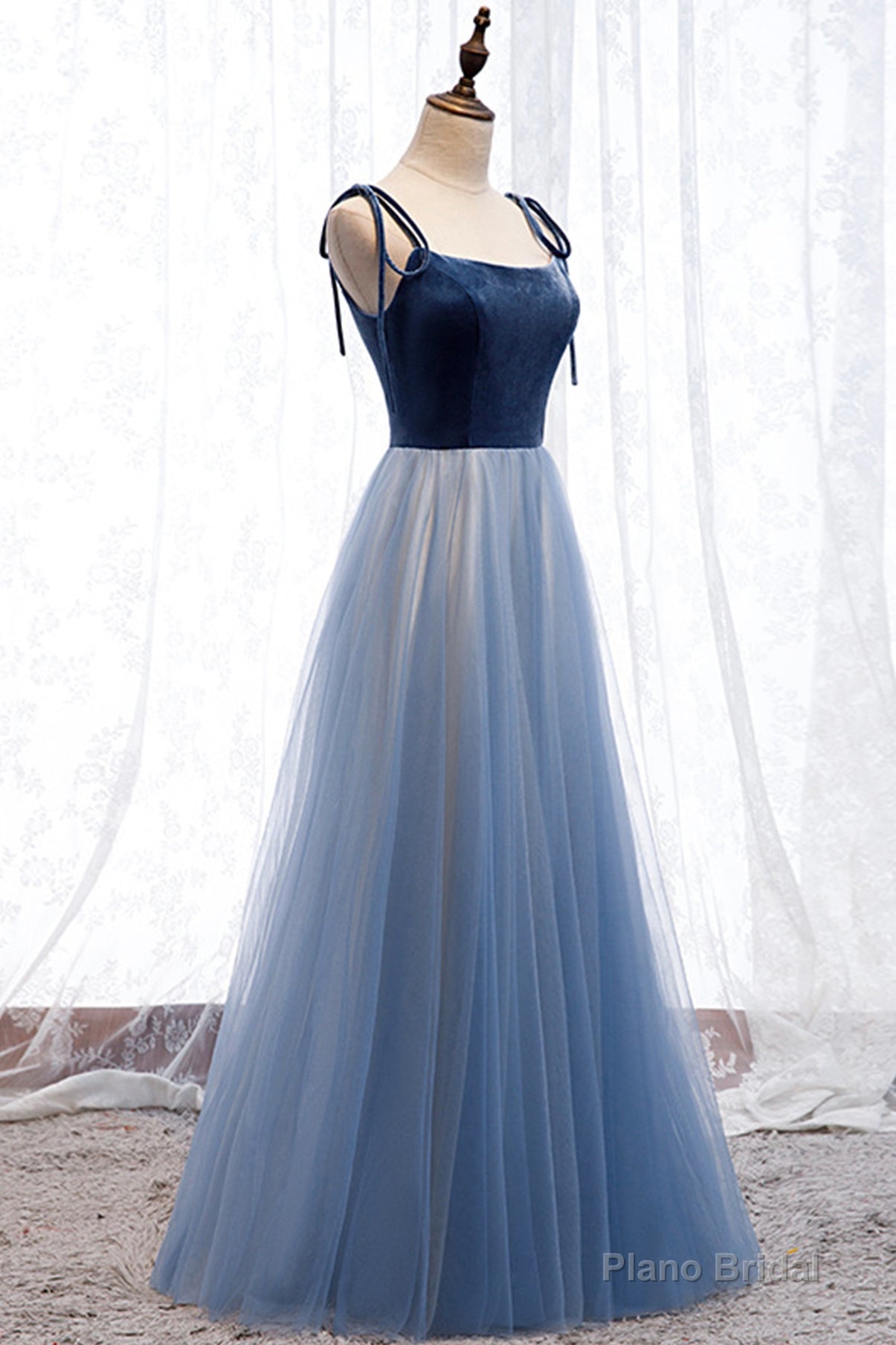 Blue Velvet Tulle Long Prom Dresses, A-Line Evening Dresses Secondary image