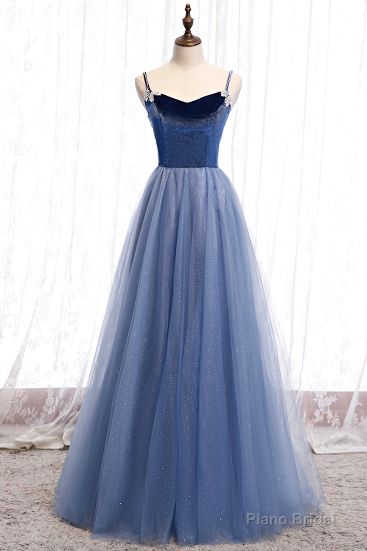 Blue Velvet Tulle Long Prom Dresses, Blue A-Line Evening Dresses Main image