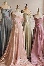 Simple Satin Long Formal Prom Dresses, A-Line Spaghetti Straps Party Dresses