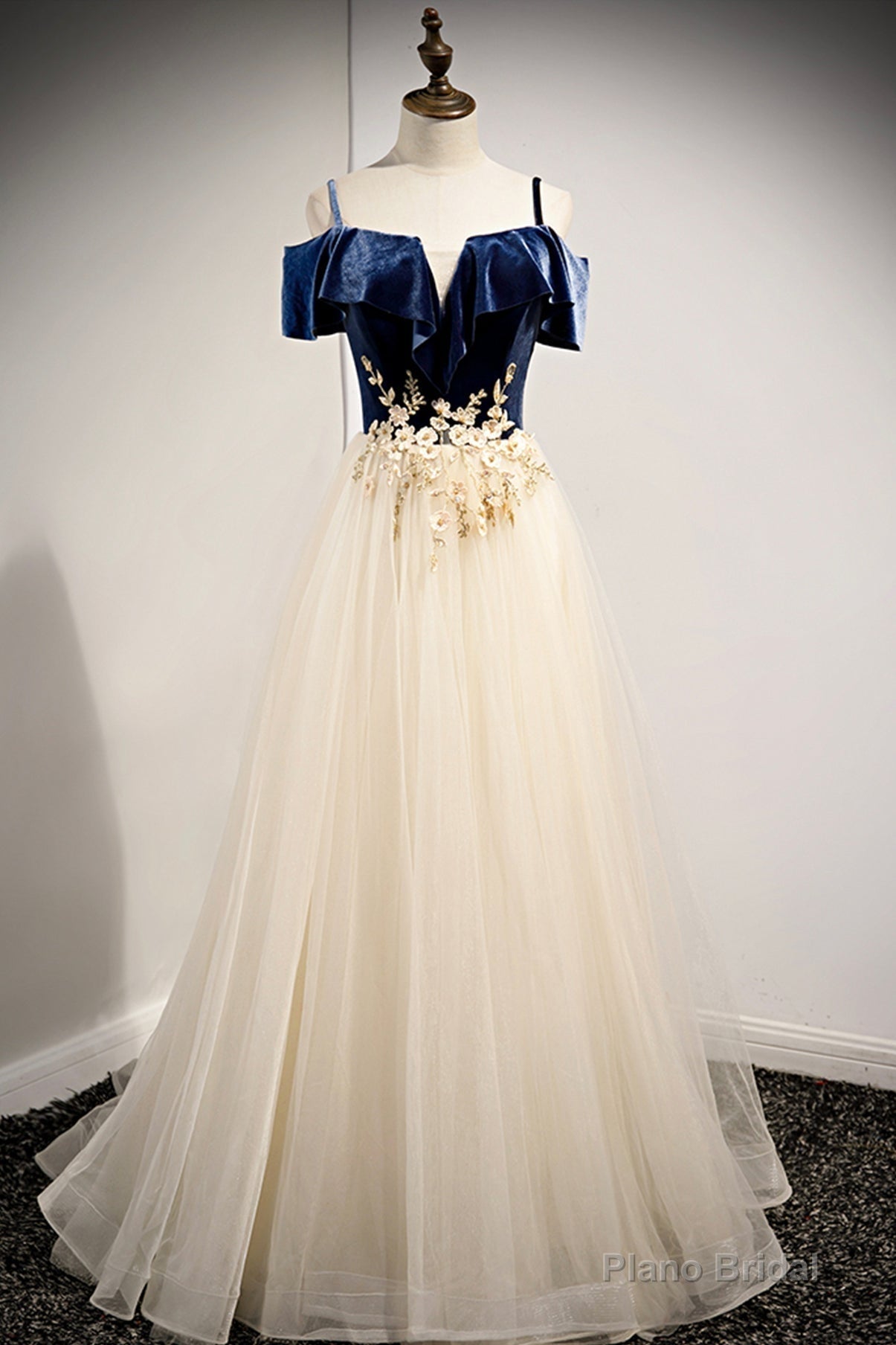 A-Line Off the Shoulder Long Prom Dresses, Champagne Evening Dresses Main image