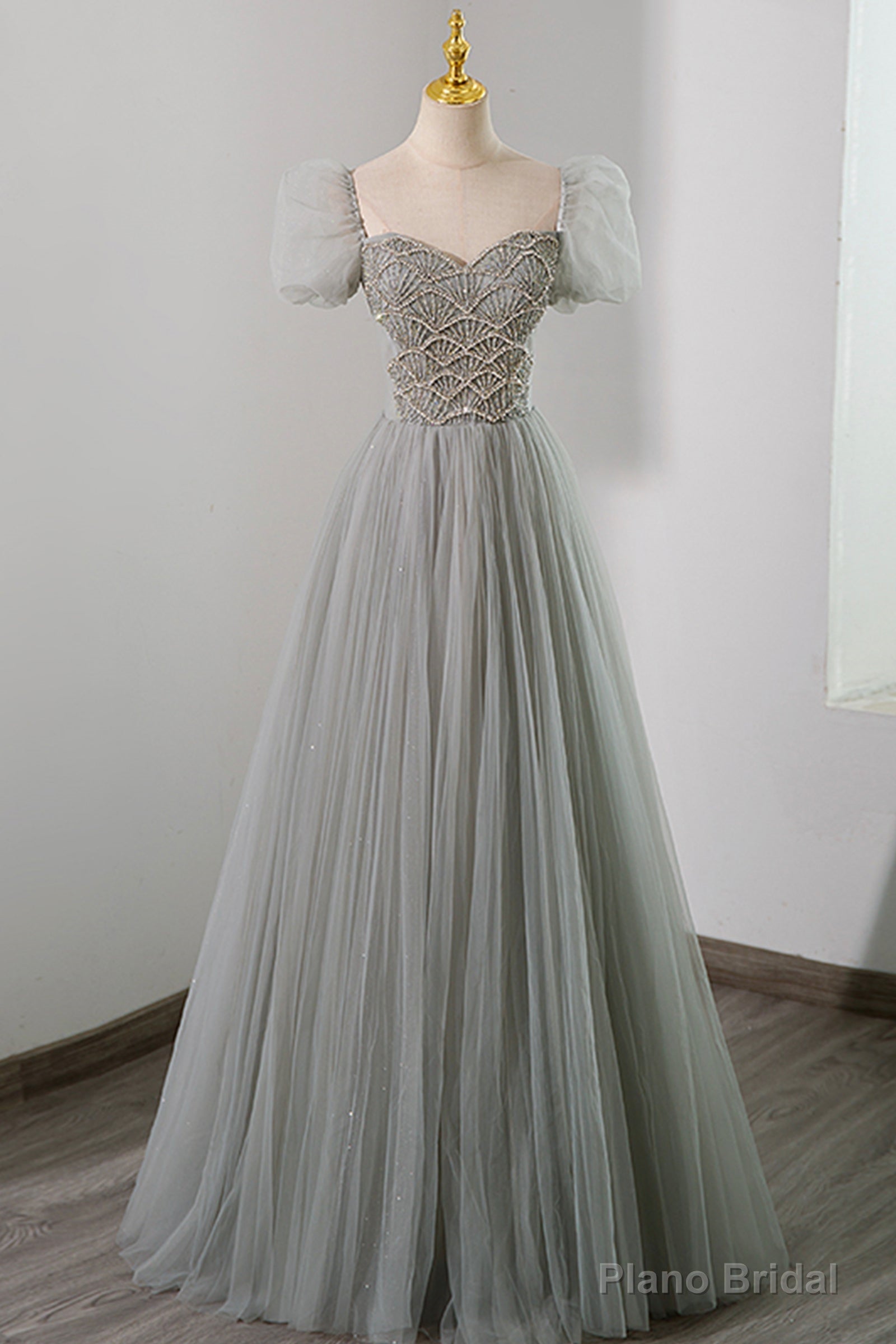 Gray Tulle Beading Long Prom Dress, A-Line Short Sleeve Evening Dress Main image