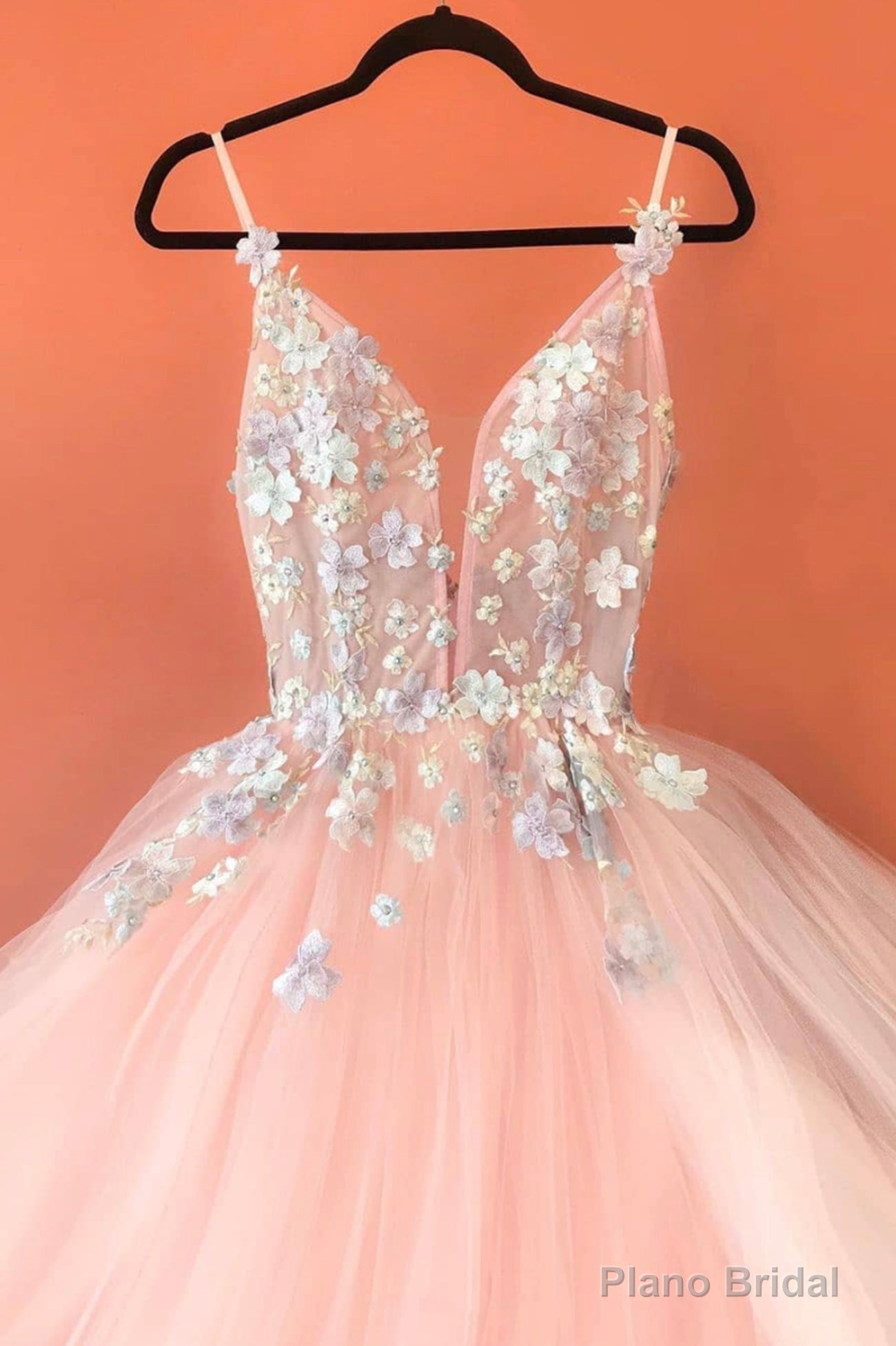 Pink V-Neck Tulle Lace Long Prom Dresses, Pink Evening Dresses Main image