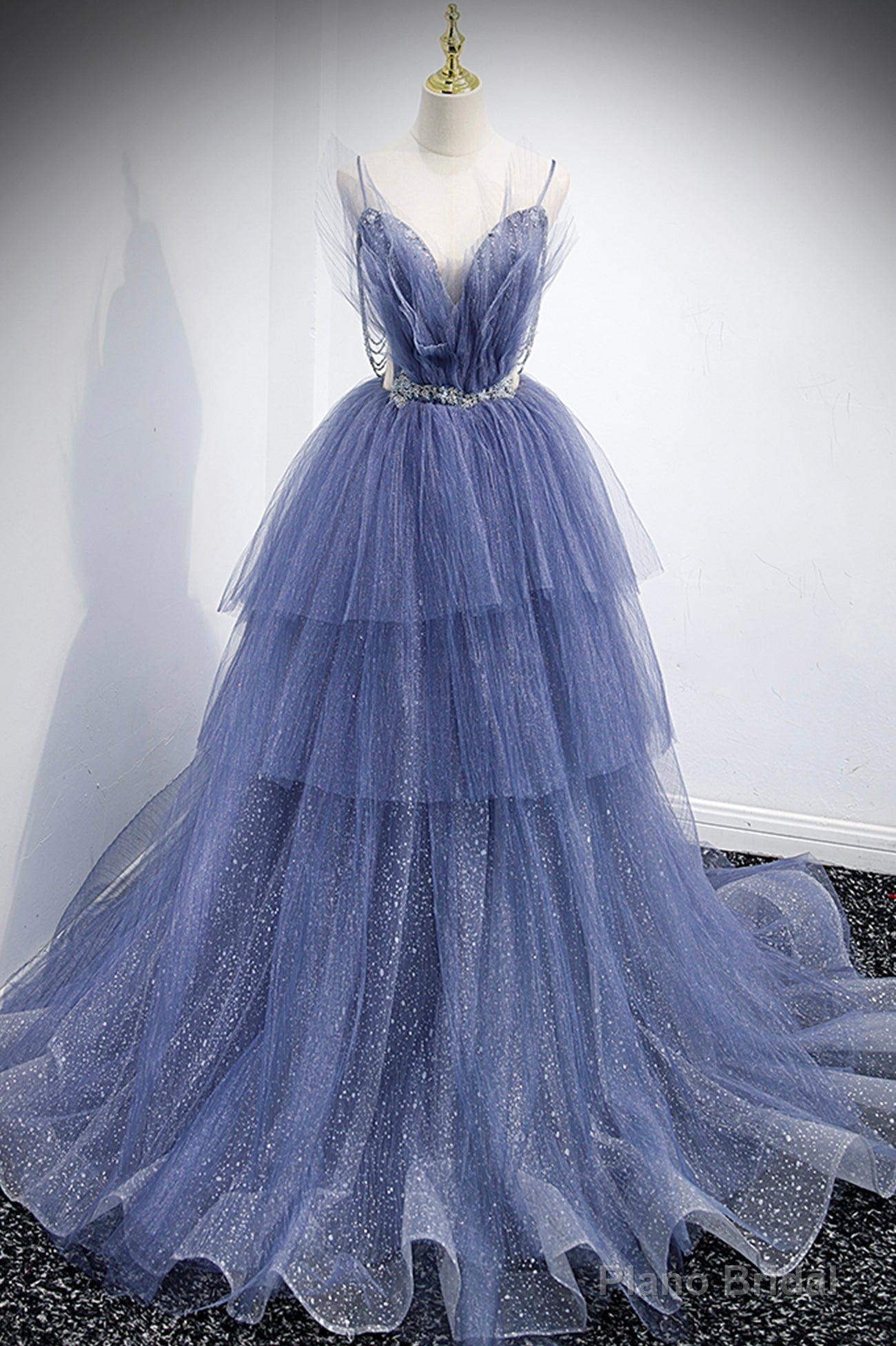 Blue Layers Tulle Long Prom Dresses, A-Line Spaghetti Straps Evening Dresses Main image