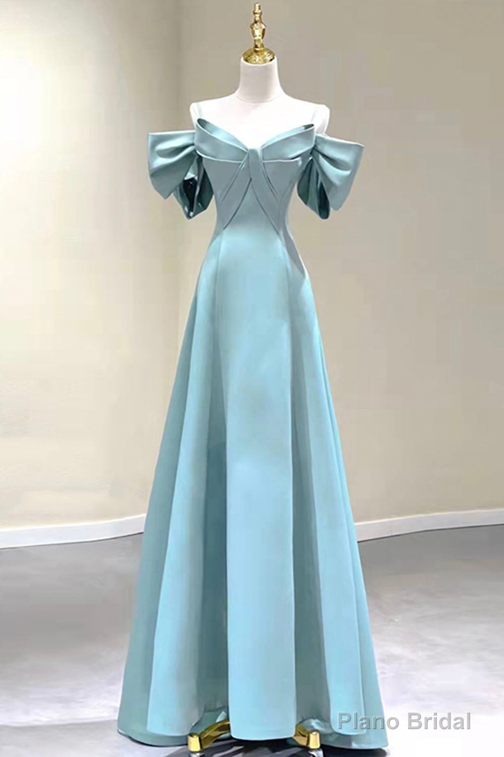 Blue Satin Long A-Line Prom Dress, Off the Shoulder Evening Dress Main image