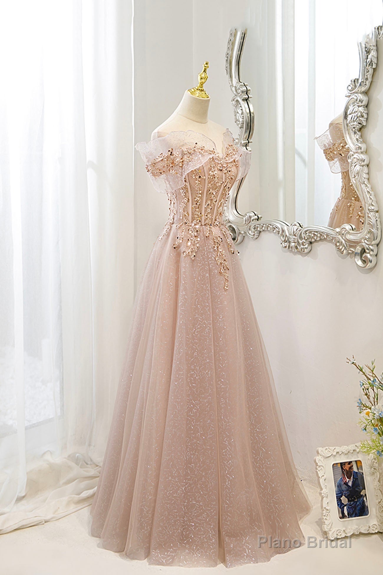 Pink Tulle Sequins Long Prom Dresses, A-Line Off the Shoulder Evening Dresses Main image