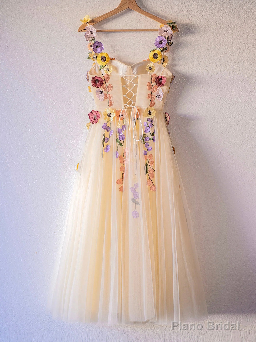 Champagne Corset Floral Tulle Party Dress, Cute A-Line Homecoming Dress Main image