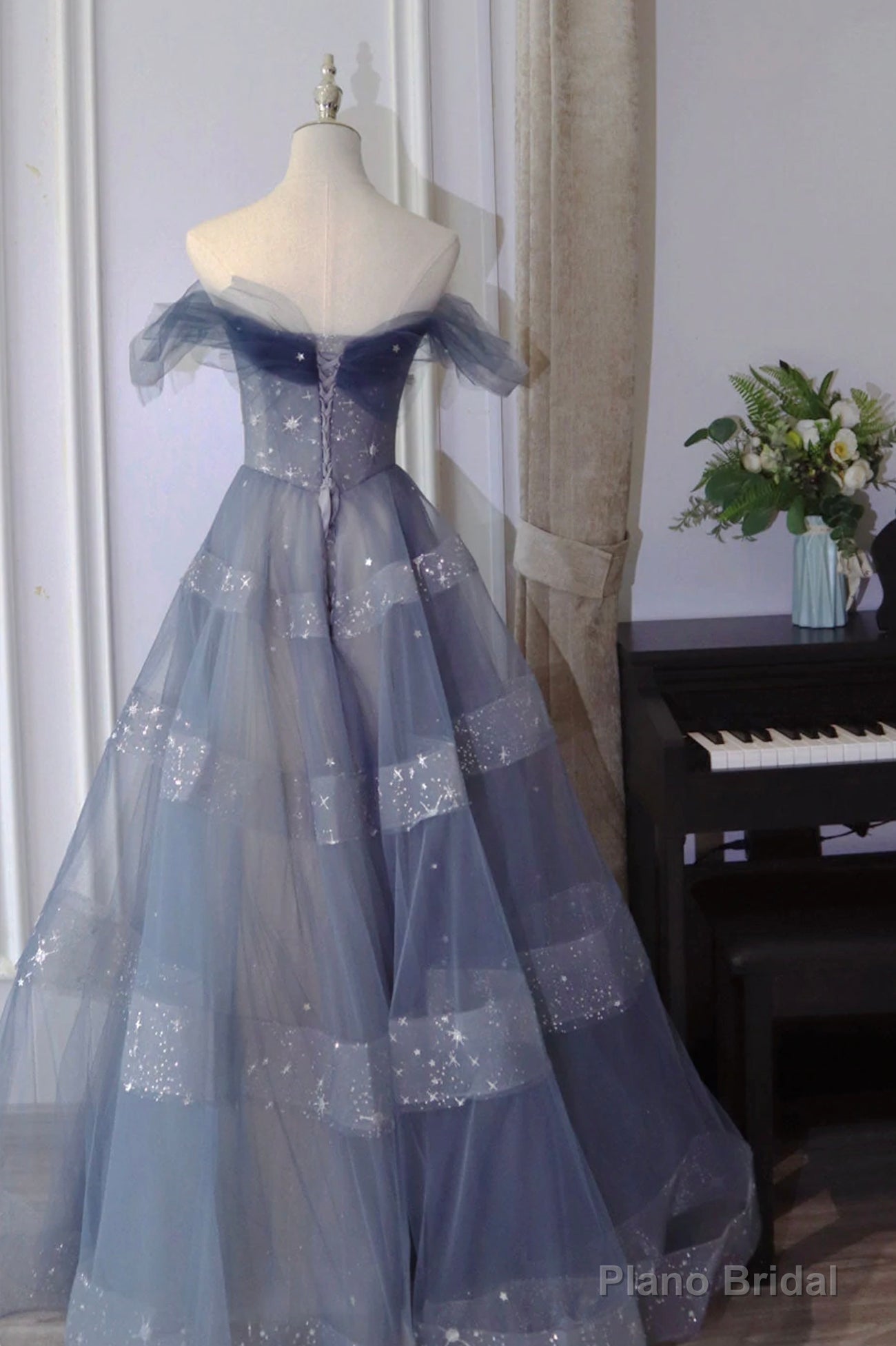 A-Line Off Shoulder Layers Tulle Long Evening Dress, Blue Formal Dress Main image