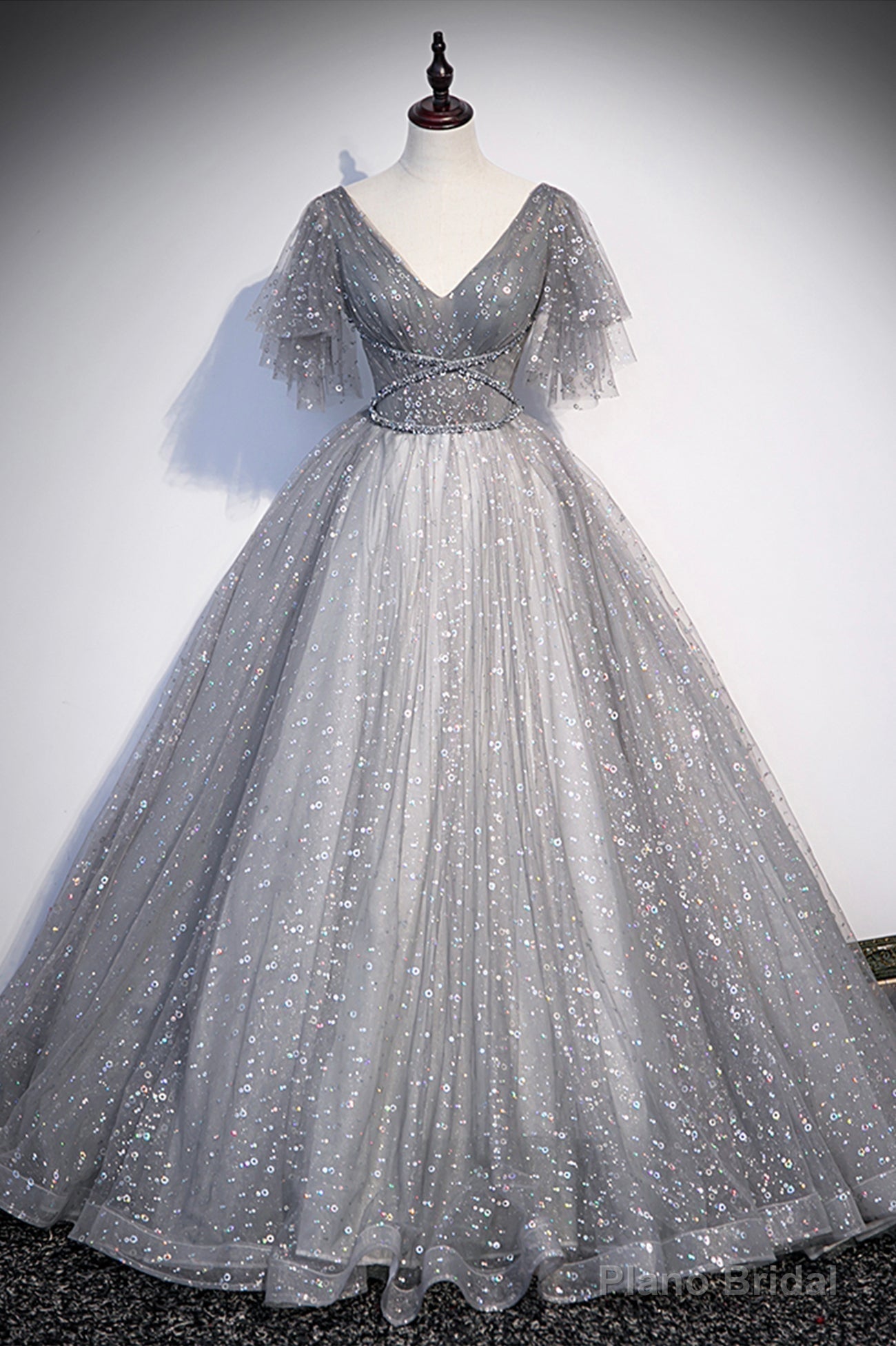 Grey V-Neck Tulle Long Prom Dresses, A-Line Evening Dresses Main image