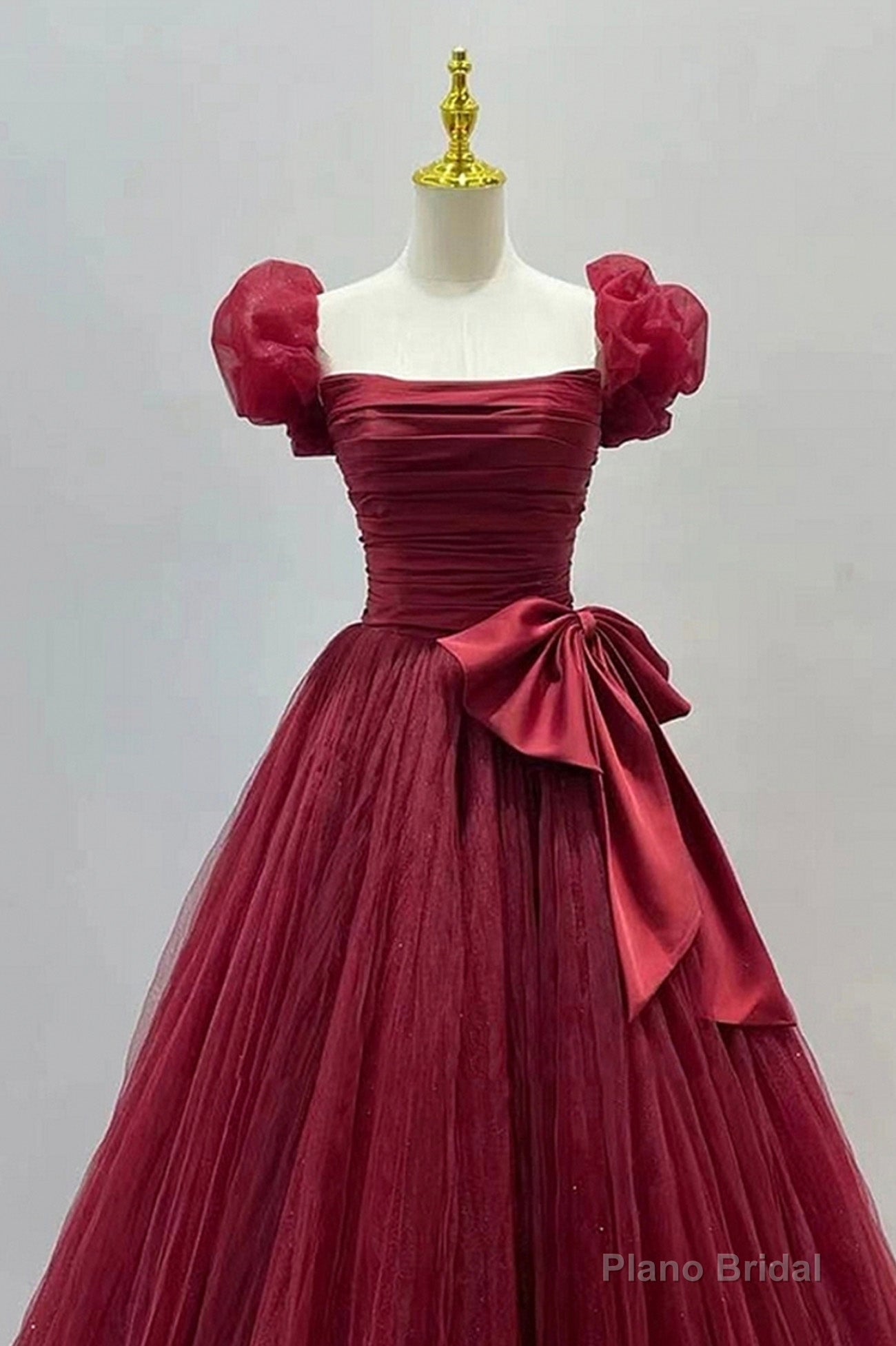 Burgundy Tulle Short Sleeve A-Line Formal Dresses, Burgundy Evening Dresses Secondary image
