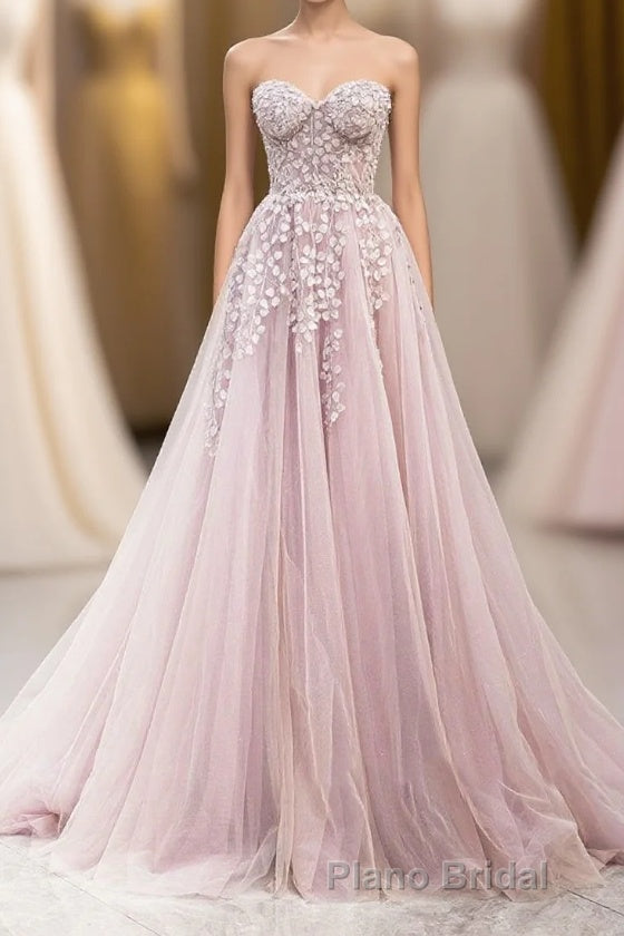 Cute Tulle Sweetheart Long Party Dresses with Lace, Beautiful A-Line Formal Prom Dresses