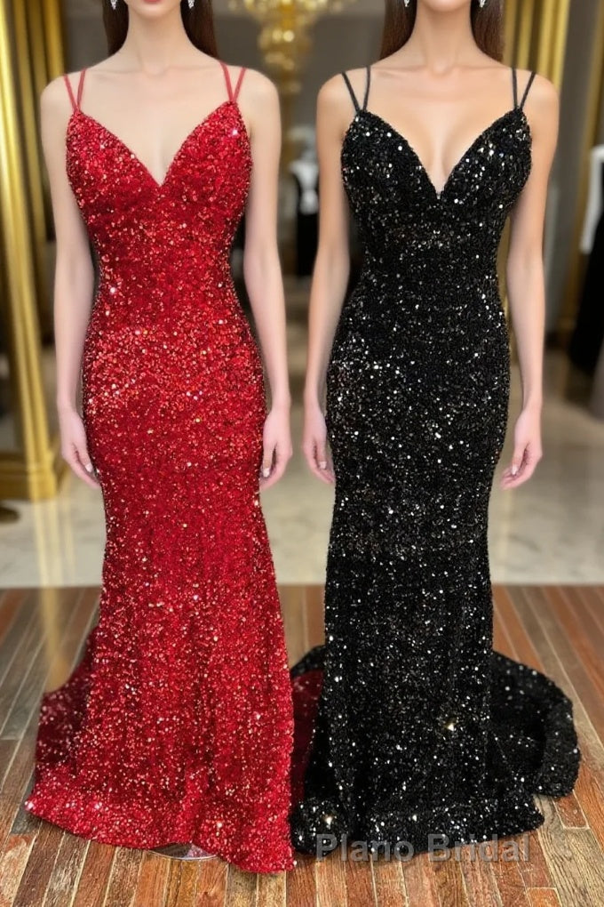 Mermaid Sequins Long Formal Prom Dresses, Spaghetti Strap Backless Evening Party Dresses Main image