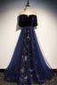 Blue Velvet Tulle Long Prom Dresses, Blue Formal Evening Dresses