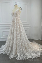 Elegant V-Neck Lace Long Prom Dresses, A-Line Evening Dresses