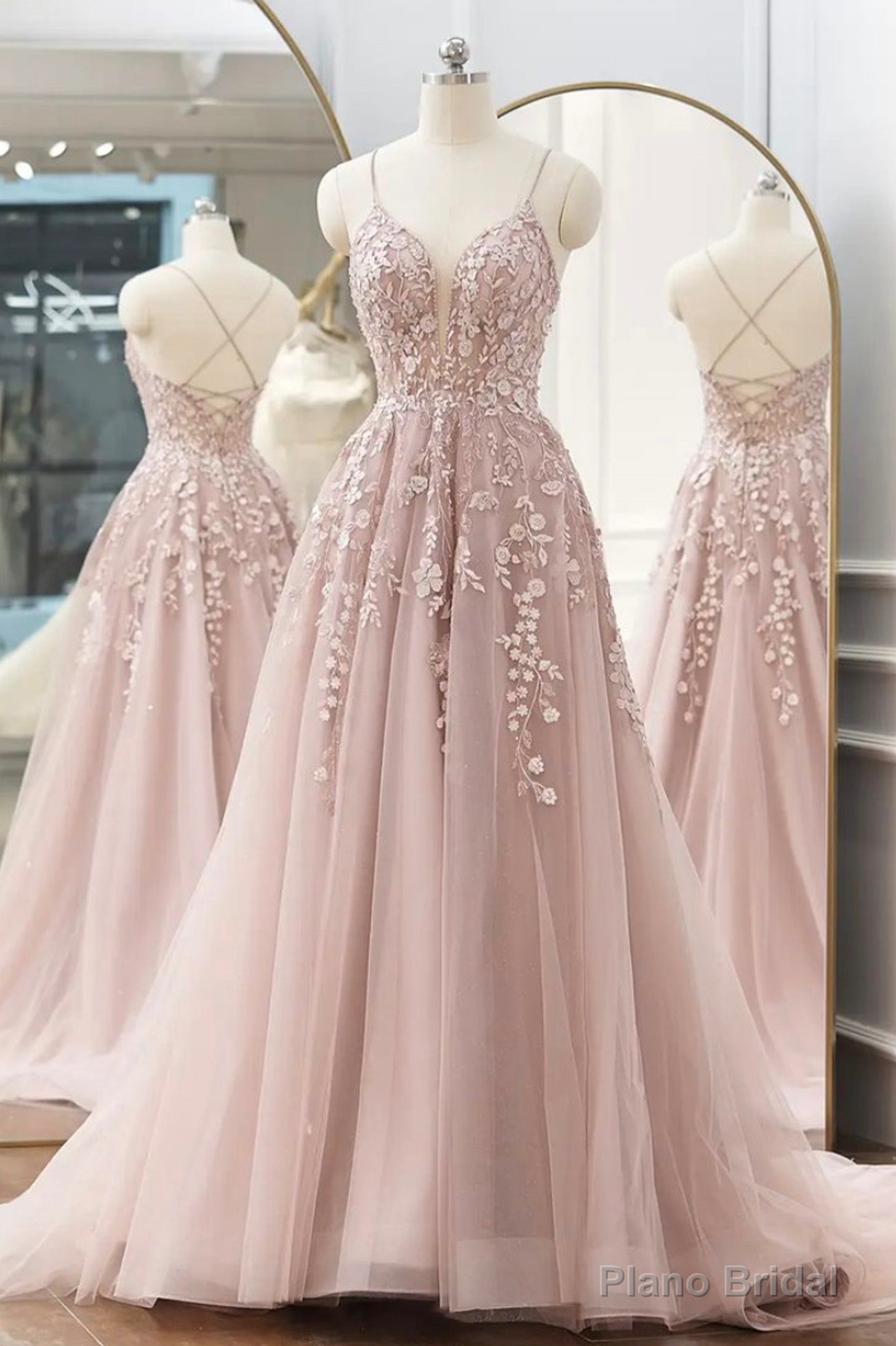 Pink Tulle Lace Long Prom Dresses, A-line Spaghetti Strap Evening Dresses Main image