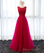 A Line Round Neck Tulle Long Formal Prom Dresses, Lace Evening Dresses
