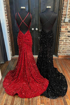 Mermaid Sequins Long Formal Prom Dresses, Spaghetti Strap Backless Evening Party Dresses