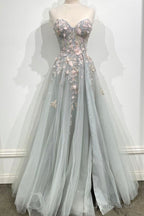 Gray Strapless Lace Long A Line Prom Gown, Graduation Dress