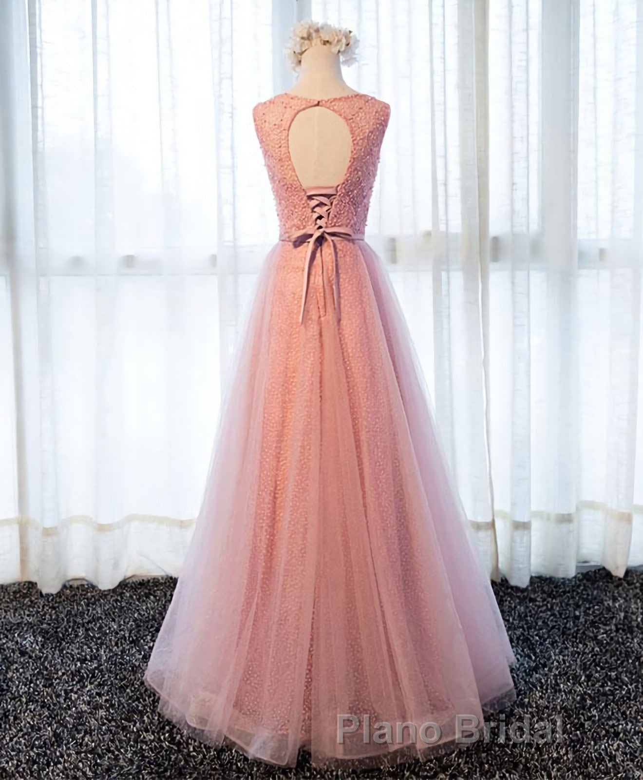 A Line Round Neck Tulle Long Formal Prom Dresses, Lace Evening Dresses