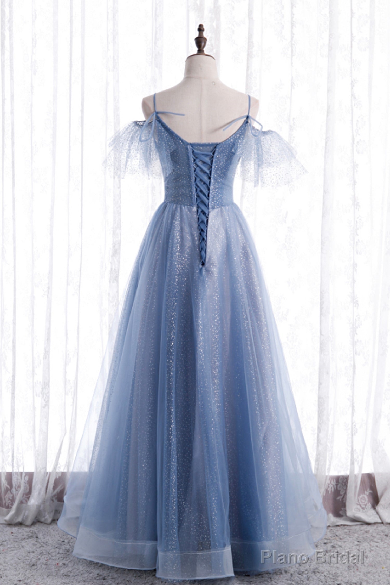 Blue Tulle Long A-Line Prom Dresses, Blue Spaghetti Strap Evening Dresses Main image