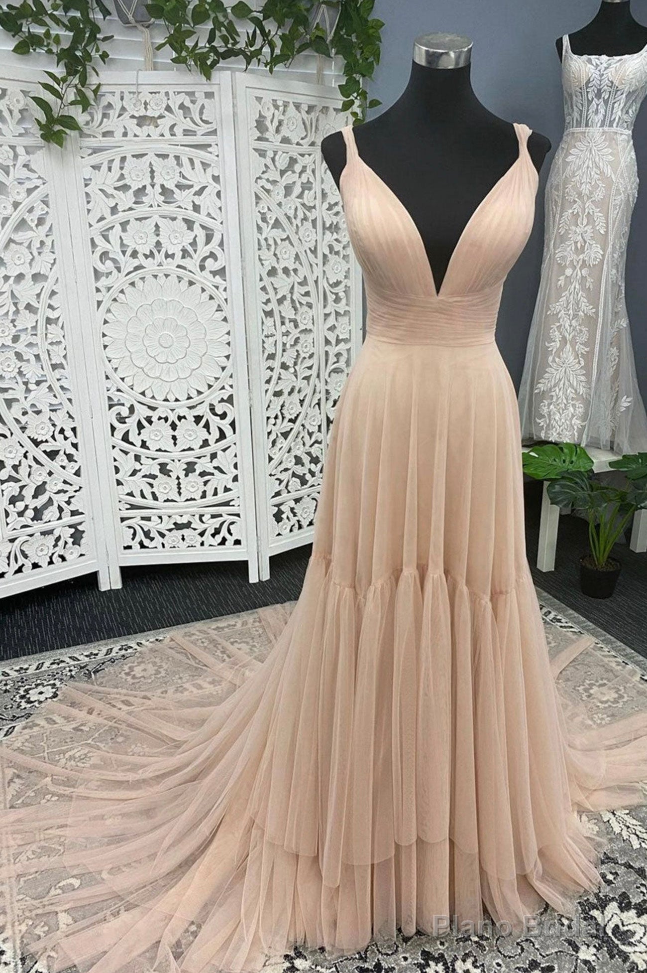 A-Line Tulle Long Prom Dresses, V-Neck Evening Dresses Main image