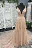 A-Line Tulle Long Prom Dresses, V-Neck Evening Dresses
