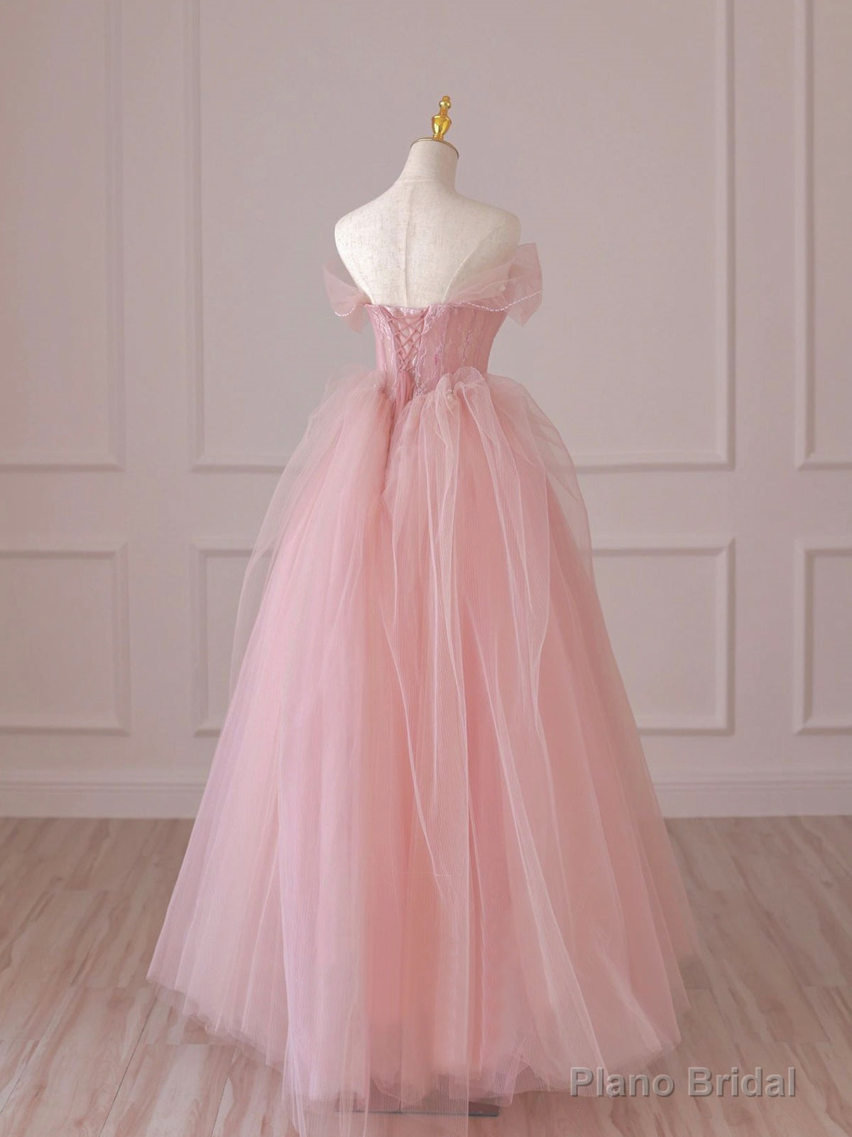 Pink Tulle Lace Long Prom Dress, Off the Shoulder Evening Dress Secondary image