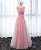 A Line Round Neck Tulle Long Formal Prom Dresses, Lace Evening Dresses