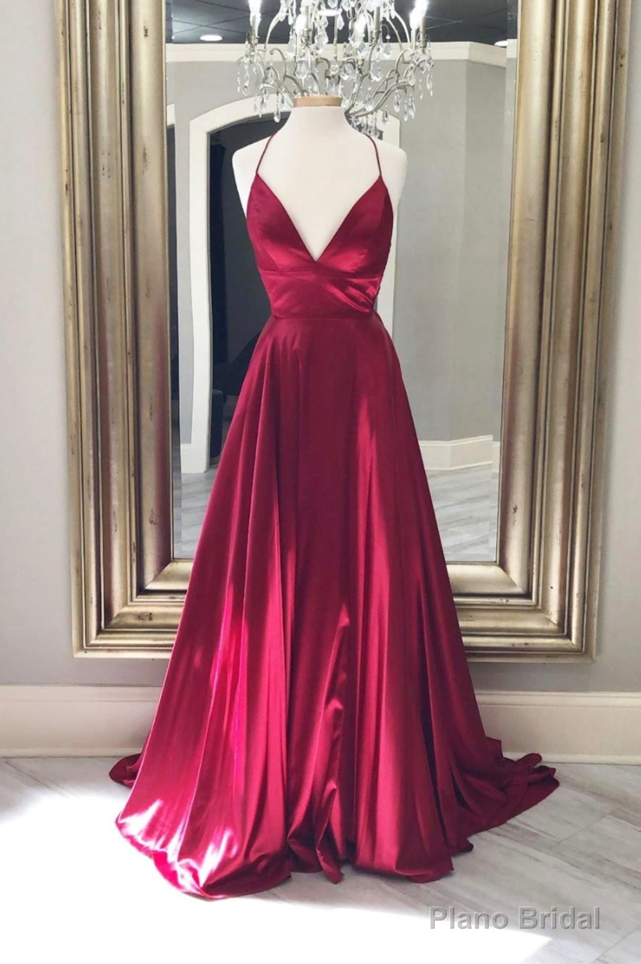 Burgundy Satin Long Prom Dresses, A-Line Backless Evening Dresses Main image