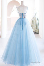 Blue Spaghetti Strap Tulle Beading Long A-Line Prom Dresses