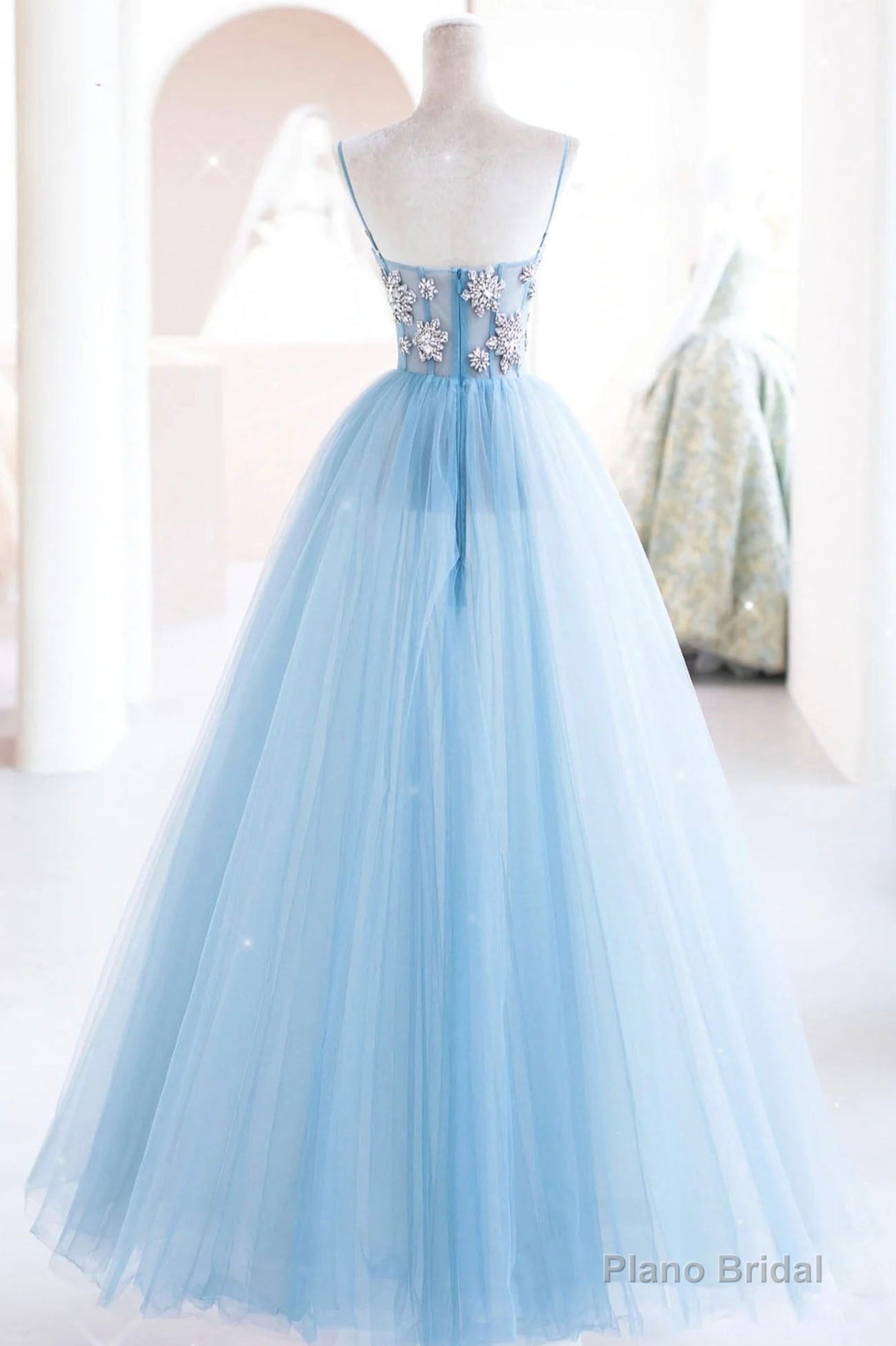 Blue Spaghetti Strap Tulle Beading Long A-Line Prom Dresses