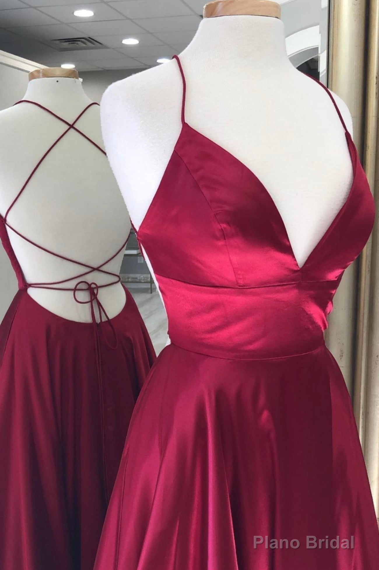 Burgundy Satin Long Prom Dresses, A-Line Backless Evening Dresses Secondary image