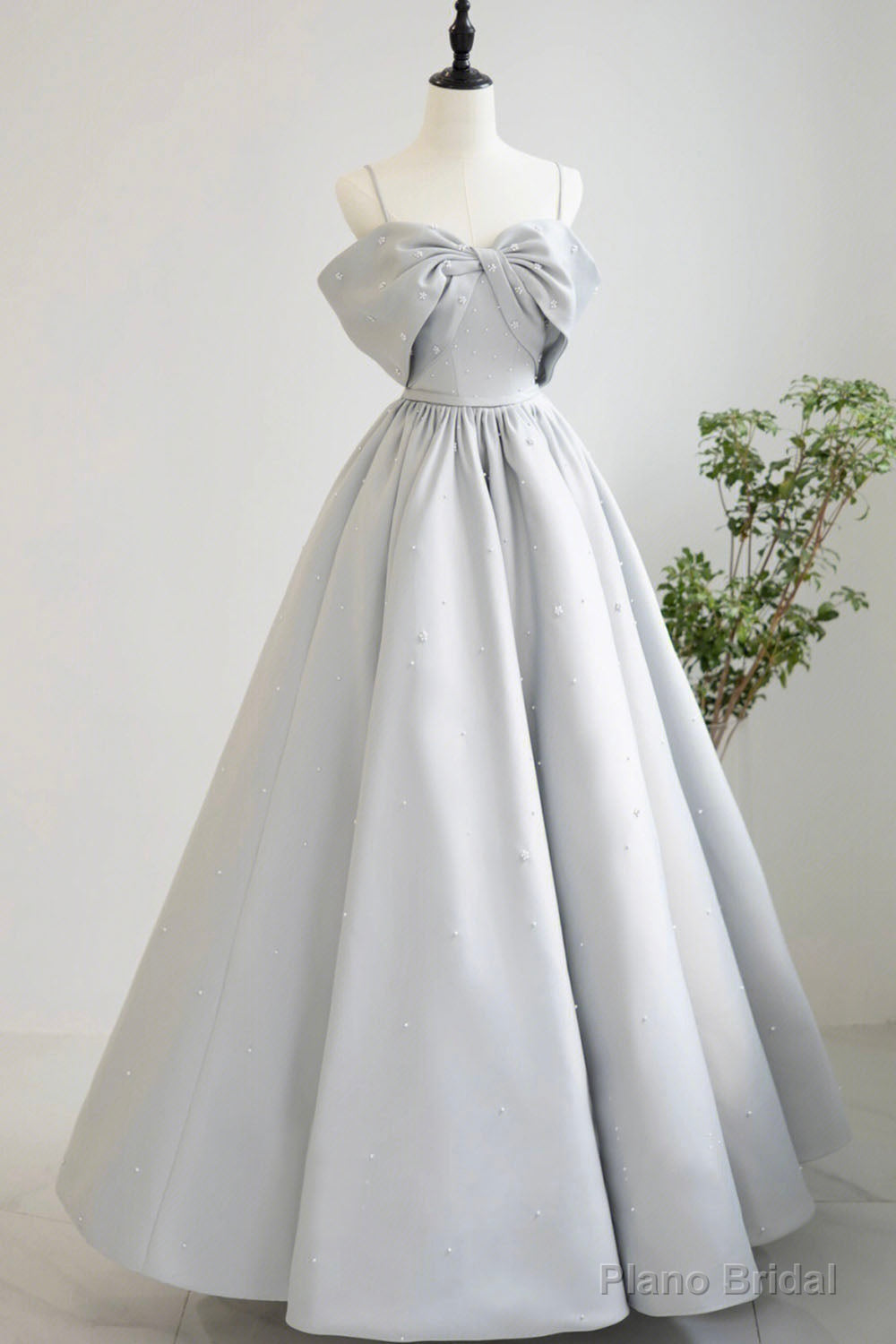 Gray Satin Long A-Line Prom Dress, Off the Shoulder Evening Dress with Pearls Main image