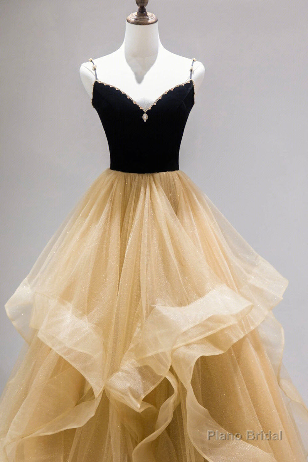 Black Straps V-Neck Layers Tulle Long Party Dresses, Glam Prom Dresses Secondary image
