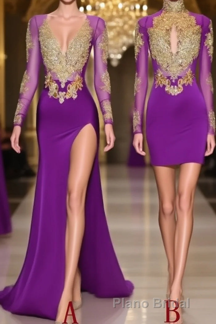 Unique Formal Prom Dresses, Long Sleeve High Neck Beaded Split Formal Prom Dresses Main image