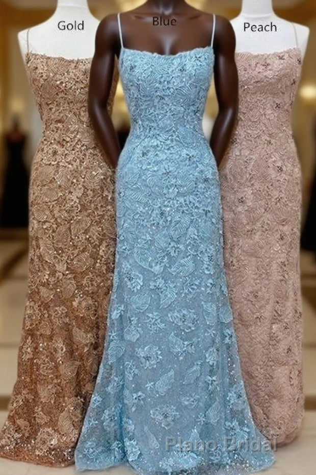 Straps Mermaid Blue Lace Appliques Long Formal Prom Dresses