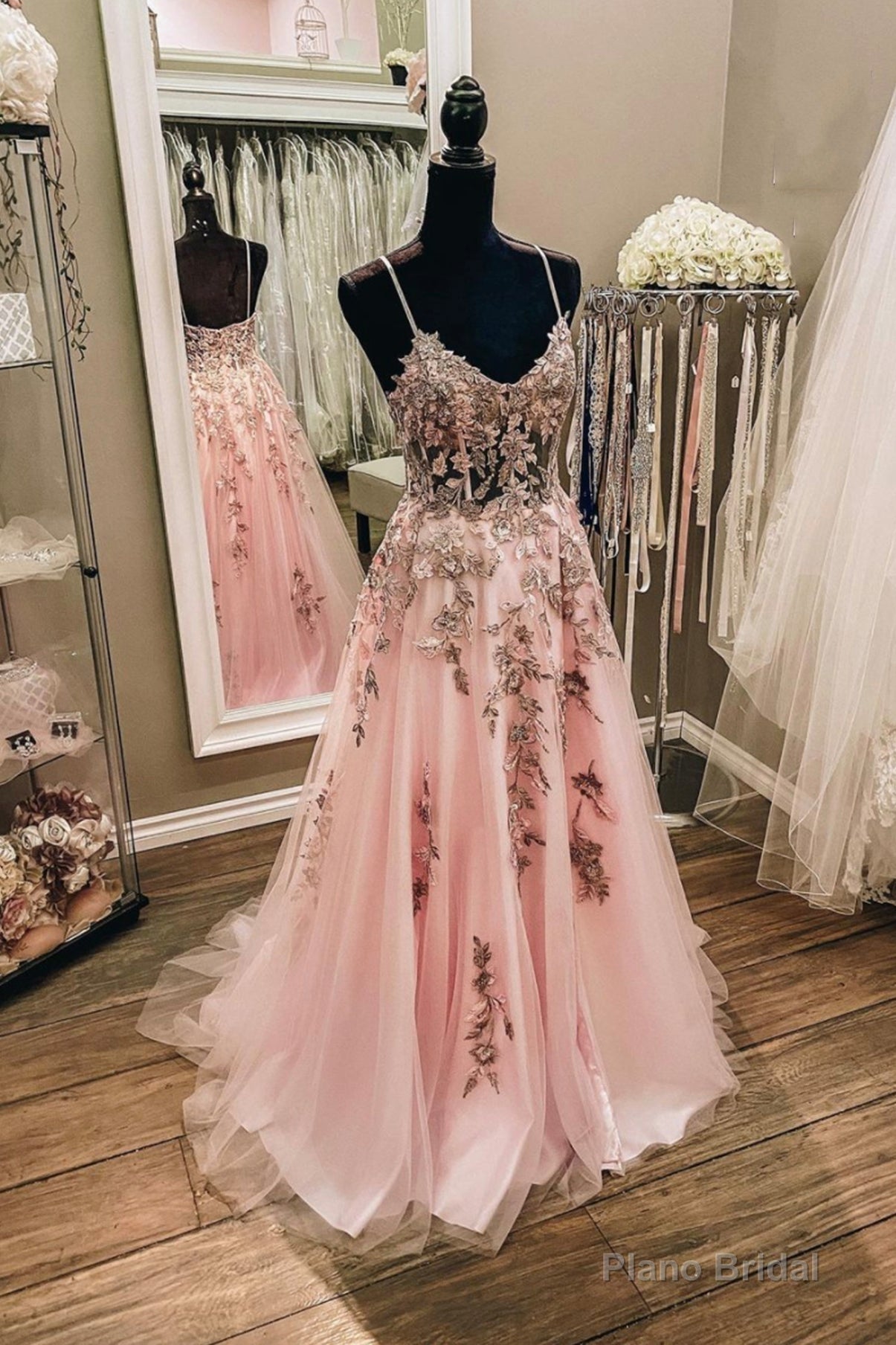 Pink Tulle Lace Long Prom Dresses, Lovely A-Line Evening Dresses Main image