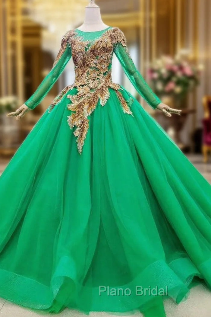 Custom Made Green Ball Gown Tulle Sequins Appliques Long Sleeve Wedding Dresses Main image