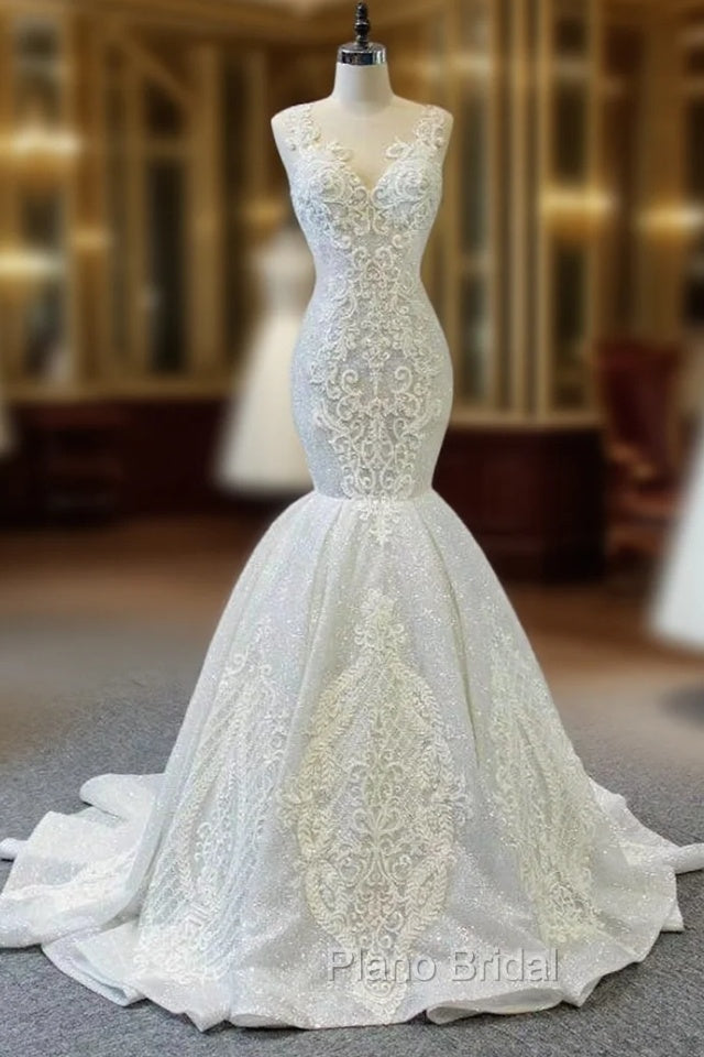 White Mermaid Sequins V-neck Appliques Beading Wedding Dresses Main image