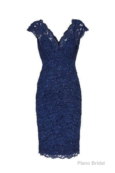 Sexy V Neck Navy Blue Lace Short Mother of the Bride Dress Main image